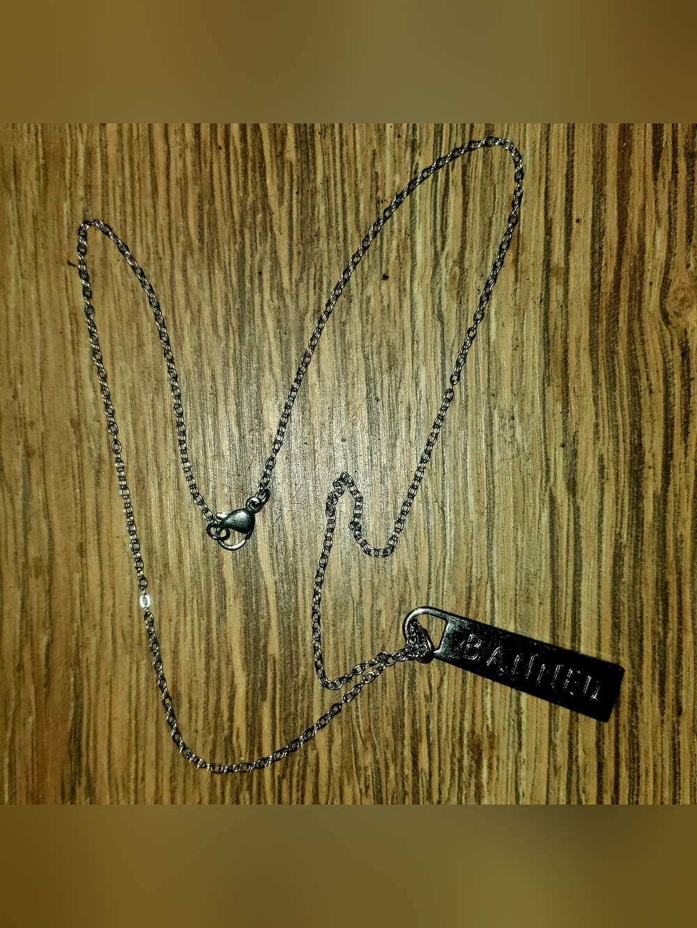 Handmade Silver Tone Necklace with Engraved "Banned" Bar